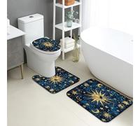 Celestial Bathroom Mat Sets 3 Piece, Galaxy Stars Sun Moon Non Slip Toilet Rugs U Shaped Washable, Cosmic Universe Quick Dry Memory Foam Bathroom Rug Set