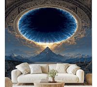 Celestial Bodies Blue Flame Wall Mural Mountain River European Architecture Peel and Stick Photo Wallpaper 150x100 cm Surreal Mandala Non-Woven Wall Stickers for Bedroom Living Room Decoration vd224u