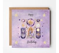 Celestial Boho Witch Birthday Card Whimsical Design with Boho Vibes and Lavender Watercolour Background Spiritual Happy Birthday Greeting