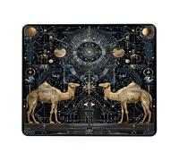 Celestial Camel Geometry Mouse Pad, Gold Starry Night Design Stitched Edge Mousepad, Rubber Non-Slip Washable Gaming Mouse Pad for Home and Office Computer, Laptop Square 8x10 Inch