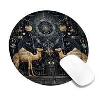 Celestial Camel Geometry Mouse Pad, Gold Starry Night Design Stitched Edge Mousepad, Rubber Non-Slip Washable Gaming Mouse Pad for Home and Office Computer, Laptop Round 8x8 Inch