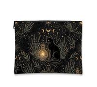 Celestial Cat And Moon Print Fanciful Makeup Bag, Black, 7x9 Inch | Celestial Moon Motifs, Cosmetic Bag, Botanical Herbal Patterns, Scholarly Gothic Style, Space-saving Flat Design