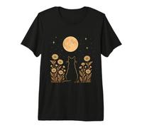 Celestial Cat Full Moon Floral Garden Silhouette Premium T-Shirt