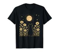 Celestial Cat Full Moon Floral Garden Silhouette T-Shirt