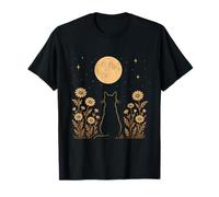 Celestial Cat Full Moon Floral Garden Silhouette T-Shirt