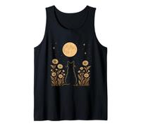 Celestial Cat Full Moon Floral Garden Silhouette Tank Top