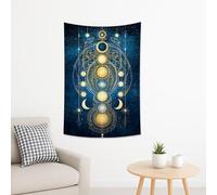 Celestial Chakras Blue Gold Tapestry, Mystical Moon Stars Bohemian Wall Hanging, Aesthetic Decor for Bedroom, Living Room, Meditation Space 40x60 Inch