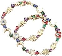 Celestial Charm Bracelet, Multi-Color Crystals Link Chain, Celestial Charm Bracelets for Women, Colorful Crystal Star Moon Sun Bracelet, Adjustable Boho Jewelry, Birthday Gifts for Women (2 Pcs)