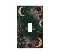 Celestial Christmas Magic Quote Tree Toggle Switch Plate | Man In The Moon Motif, Ornate Holiday Ornaments, Mystical Forest Green Backdrop, Winter Seasonal Home Accents