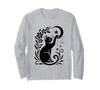 Celestial Crescent Moon Cat Aesthetic Floral Mystical Boho Long Sleeve T-Shirt