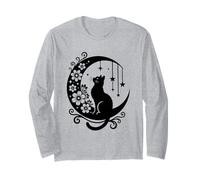 Celestial Crescent Moon Cat Aesthetic Floral Mystical Boho Long Sleeve T-Shirt