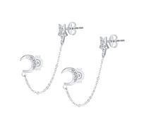 Celestial Crescent Moon Stars Double Pierced Cartilage Ear Lobe Helix Chain & Ball Ear Stud Earrings For Women Body Piercing .925 Sterling Silver