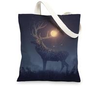 Celestial Deer Canvas Tote Bags, Night Sky Pattern Reusable Bags, Bohemian Nature Lightweight Washable Canvas Bags for Trav, Navy, 13x15 Inch