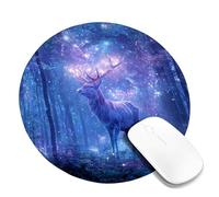 Celestial Deer Mouse Pad, Violet Night Sky Forest Design, Stitched Edge Non-Slip Mousepad, Washable Gaming Pad for Home and Office Use Round 8x8 Inch