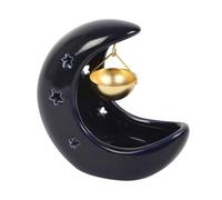 Celestial Dreams Crescent Moon Oil Burner, Navy Blue Ceramic with Gold Hanging Bowl, Star Pattern Tealight Holder for Home Aromatherapy