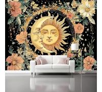 Celestial Elements Flowers Photo Wallpaper Mural - Wall Non-Woven Dream Wallpaper for Living Room Bedroom, Indoor Black Gold Wall Painting for Tv Backdrop Kids Room 400 x 280 cm (W x H)