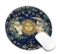 Celestial Floral Desk Mouse Pad, Blue Gold Moon Sun Design Non-Slip Washable Mousepad, Artistic Gaming Mouse Pad for Home and Office Computer Round 8x8 Inch