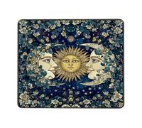 Celestial Floral Desk Mouse Pad, Blue Gold Moon Sun Design Non-Slip Washable Mousepad, Artistic Gaming Mouse Pad for Home and Office Computer Square 8x10 Inch