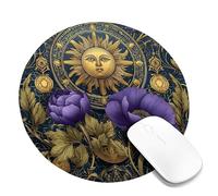 Celestial Floral Desk Mouse Pad, Violet Gold Sun Moon Design Non-Slip Gaming Mousepad, Washable for Home Office Computer, Laptop Round 8x8 Inch