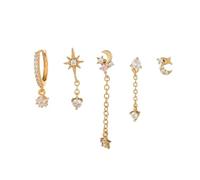 Celestial Gold Plated Earrings Set, Asymmetric Star Moon Crystal Stud and Hoop Earrings for Women, Dainty 5-Piece Cartilage Jewelry, 1.8cm Length