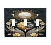 Celestial Light Switch Cover Plate/Outlet Covers, Black and Gold Moon and Sun Design for Home Decor, Thermoplastic Wall Plates, Standard Size Triple Toggle