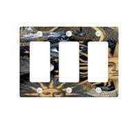 Celestial Light Switch Cover Plate/Outlet Covers, Black and Gold Sun and Moon Design for Home Decor, Thermoplastic Wall Plates, Standard Size 3 Gang Wall Plate