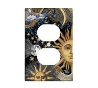 Celestial Light Switch Cover Plate/Outlet Covers, Black and Gold Sun and Moon Design for Home Decor, Thermoplastic Wall Plates, Standard Size Single Duplex Outlet