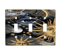 Celestial Light Switch Cover Plate/Outlet Covers, Black and Gold Sun and Moon Design for Home Decor, Thermoplastic Wall Plates, Standard Size Triple Toggle