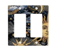 Celestial Light Switch Cover Plate/Outlet Covers, Black and Gold Sun and Moon Design for Home Decor, Thermoplastic Wall Plates, Standard Size Double Rocker