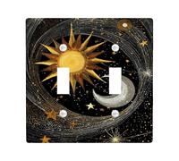Celestial Light Switch Cover Plates/Outlet Covers, Black Night Sky Design with Sun and Moon Accents, Thermoplastic Wall Plates, Standard Size Double Toggle