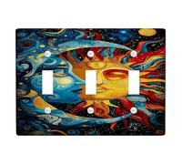 Celestial Light Switch Cover Plates/Outlet Covers, Vibrant Blue and Yellow Sun and Moon Design for Home Decor, Thermoplastic Wall Plates, Standard Size Triple Toggle