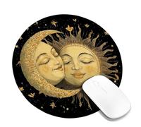 Celestial Moon and Sun Desk Mouse Pad, Gold Illustration on Black Background, Non-Slip Washable Gaming Mousepad for Home and Office Use Round 8x8 Inch