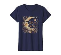 Celestial Moon Cottagecore Astrology Astronomy Wildflowers T-Shirt, Women, Navy Blue, X-Small