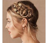 Celestial Moon Star Hair Clips - Sparkly Rhinestone Pins (Pack of 3)(Gold-Rhinestone)