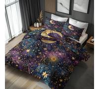 Celestial Moon Star King Size Bedding Sets 3 Piece, Bedroom Decor Duvet Cover and 2 Pillowcases, Blue Purple Galaxy Quilt Cover with Zip, Ultra Soft Microfibre YH-E39