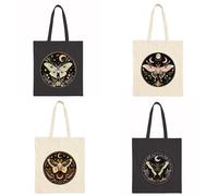 Celestial Moth Tote Bags - Mystical Butterfly Design with Moon Phases & Eye Symbol | Witchcore Cotton Canvas Bag - Black or Natural - Sarah Mae