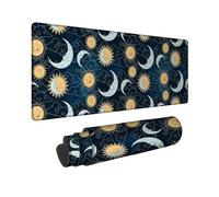 Celestial Mouse Pad, Night Sky Sun and Moon Design, Vibrant Blue and Gold Stitched Edge Mousepad, Rubber Non-Slip Washable Gaming Mouse Pad for Home and Office Use 12x32 Inch