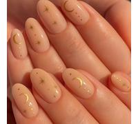 Celestial Nude Peach Base Press on Nails - with Gold Moon Star Design Glossy Finish Fake Nails 24 PCS Easy to Wear - for Women Daily Fashion Cosmic Inspired Art for Parties