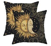 Celestial Pillow Covers Set of 2, Sun and Moon Design Throw Pillows, Black and Gold Decorative Cushion Covers for Home Sofa Bed Couch, Bohemian Style All-Season Decor 18x18 Inch