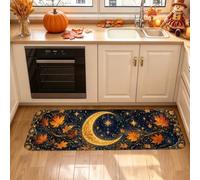 Celestial Pumpkins Moon Autumn Theme Kitchen Rugs 16x47 Inch | Crescent Moon, Kitchen Mats For Floor, Autumn Leaves, Starry Skyline, Seasonal Kitchen Accents, Harvest Theme