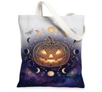 Celestial Pumpkins Moon Phase Halloween Canvas Tote Bag 13x15 Inch, Purple