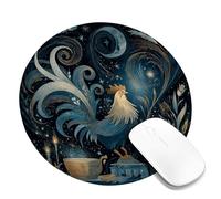 Celestial Rooster Mouse Pad, Night Sky Blue Chicken Design, Stitched Edge Desk Mat for Winter and Holiday Seasons, Fanciful Art for Home and Office, Non-Slip Gaming Mousepad Round 8x8 Inch