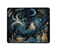 Celestial Rooster Mouse Pad, Night Sky Blue Chicken Design, Stitched Edge Desk Mat for Winter and Holiday Seasons, Fanciful Art for Home and Office, Non-Slip Gaming Mousepad Square 8x10 Inch