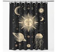 Celestial Shower Curtain, Celestial Sun Planet Printed Bathtub Curtains for Bathroom Decor, Mould Proof Waterproof Bathroom Drapes with Hooks, 200 x 200 cm Black