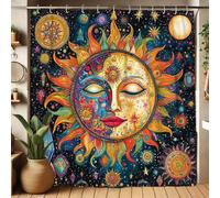 Celestial Shower Curtain, Vibrant Sun and Moon Design for Bathroom Decor, Cosmic Starry Print Waterproof Fabric Shower Curtain Set with Hooks 72x78 Inch