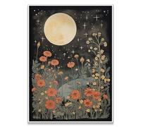 Celestial Star Canvas Wall Art，Vintage Poster，Dark Aesthetic Moon Stars and Flowers Decor, Prints Goth Room Picture Witchy Gothic Wall Decor for Living Room Bedroom 16 x 24 in Unframed