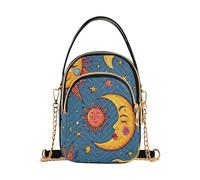 Celestial Sun and Moon Crossbody Phone Bag, Small Quilted Purse with Chain Strap, Multi-Pocket Design, 8.27 x 5.91 x 3.15 Inches