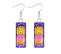 Celestial Sun and Moon Dangle Earrings, Mystical Design, Silver Hook, Teardrop and Rectangle Shapes, Decorative Jewelry Set - Oil Painting Style Glass Mosaic, .7 inch, Stainless Steel, Cubic Zirconia