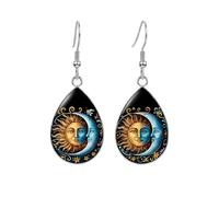Celestial Sun and Moon Dangle Earrings, Mystical Design, Silver Hook, Teardrop and Rectangle Shapes, Decorative Jewelry Set - Oil Painting Style Glass Mosaic, .7 inch, Stainless Steel, Cubic Zirconia