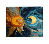 Celestial Sun and Moon Desk Mouse Pad, Gold Blue Artistic Design Stitched Edge Mousepad, Rubber Non-Slip Washable Gaming Mouse Pad for Home and Office Use Square 8x10 Inch